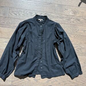 Lilla P Black Ruffle-Trim Button Front Blouse